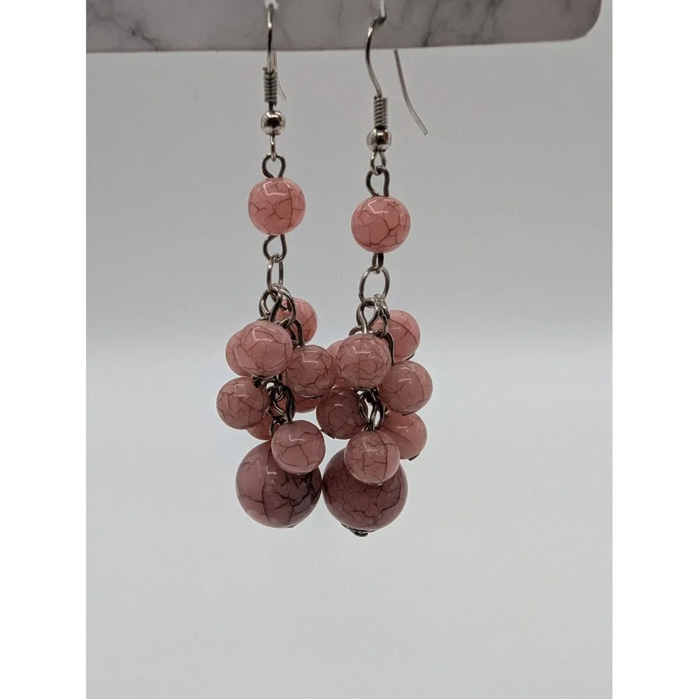 Pink‎ Crackle Glass Bead Cluster Dangle Earrings Silver Tone Fishhook Statement